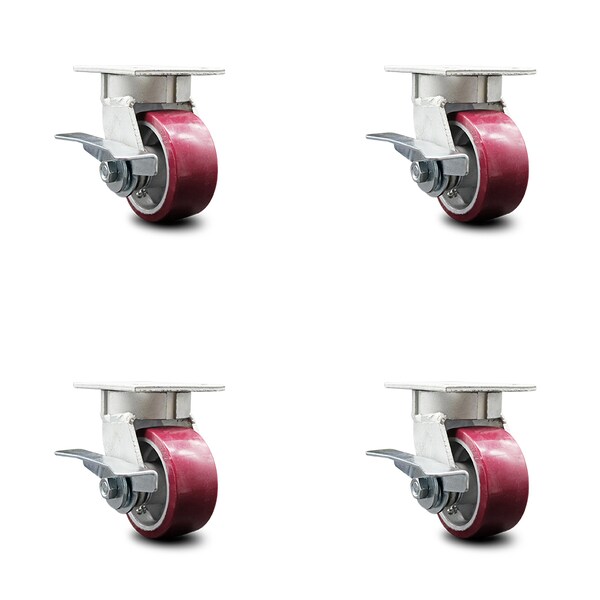 4 Inch Kingpinless Poly on Aluminum Wheel Swivel Caster Set with Brakes SCC